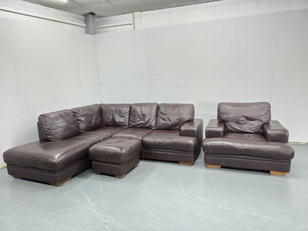 Brown Leather L Shape Corner Sofa and Chair with Footstool - Image 4