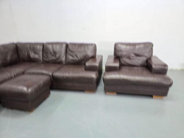 Brown Leather L Shape Corner Sofa and Chair with Footstool - Image 5