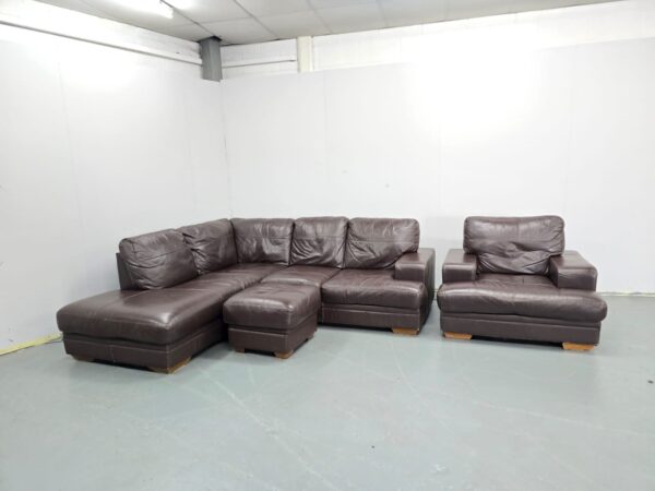Brown Leather L Shape Corner Sofa and Chair with Footstool