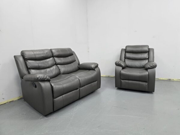 Grey Leather 2 and 1 Seater Manual Recliner Sofa and Chair - Image 2