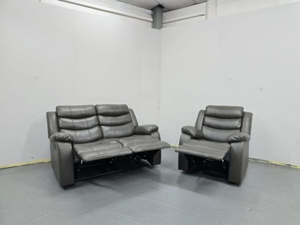 Grey Leather 2 and 1 Seater Manual Recliner Sofa and Chair - Image 6