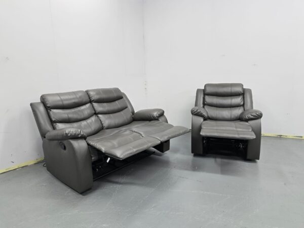 Grey Leather 2 and 1 Seater Manual Recliner Sofa and Chair - Image 5