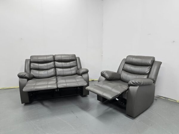 Grey Leather 2 and 1 Seater Manual Recliner Sofa and Chair - Image 7