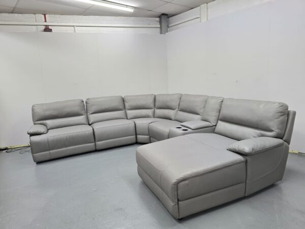 Ex Display Grey Leather Manual Recliner Modular Chaise with Cup Holders - Image 3