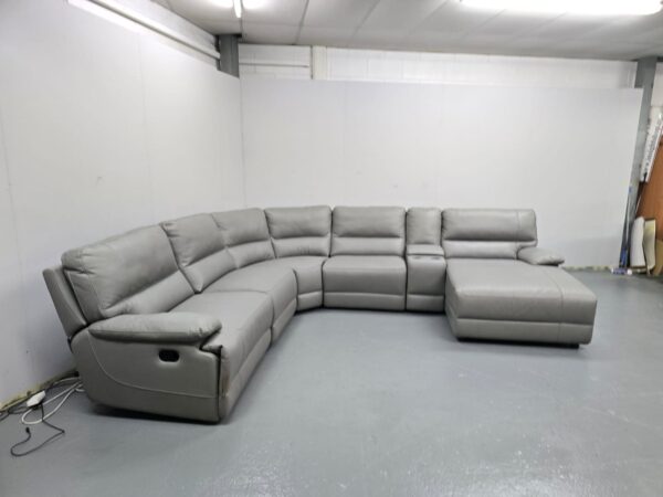 Ex Display Grey Leather Manual Recliner Modular Chaise with Cup Holders - Image 4