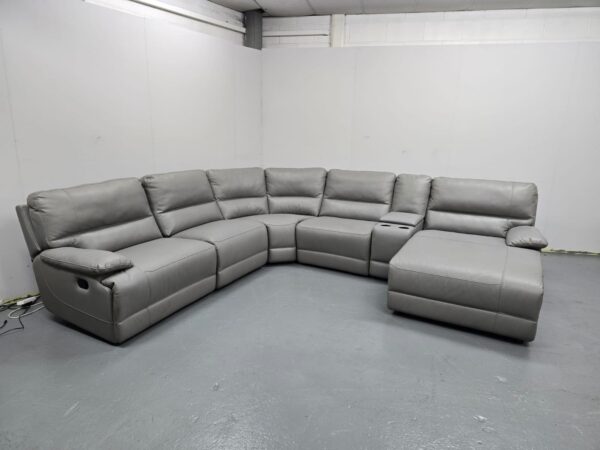 Ex Display Grey Leather Manual Recliner Modular Chaise with Cup Holders
