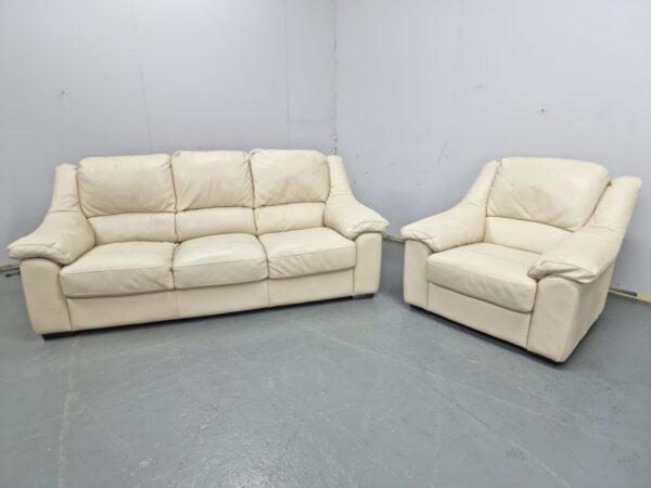 Dfs Cream Full Leather 3 and 1 Seater Sofa and Chair - Image 5