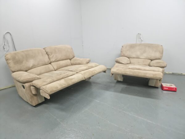 Harvey's Beige Suede 2 and 1 Seater Recliner Sofa and Chair with Care Kit - Image 4