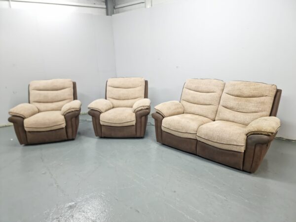 Scs Two-Tone Beige Fabric and Suede 3 Piece Suite Electric Recliner Sofa and Chairs - Image 2