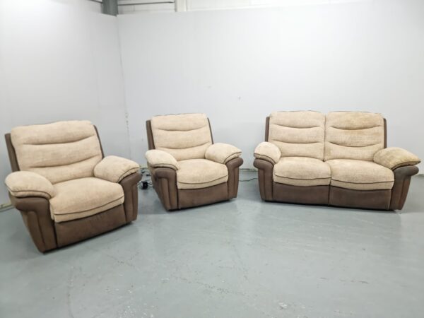 Scs Two-Tone Beige Fabric and Suede 3 Piece Suite Electric Recliner Sofa and Chairs - Image 3