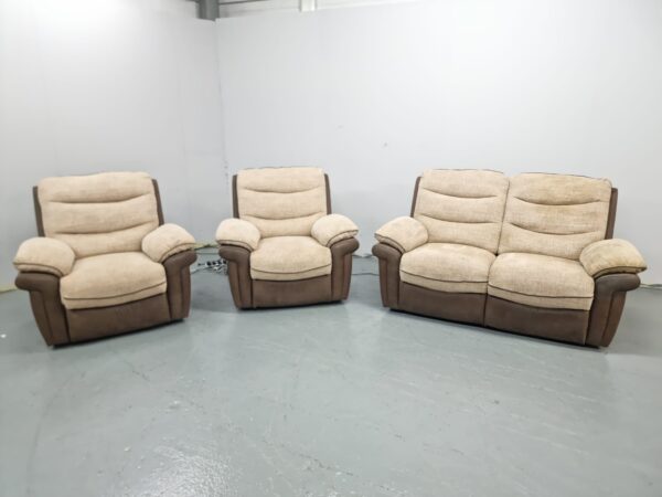 Scs Two-Tone Beige Fabric and Suede 3 Piece Suite Electric Recliner Sofa and Chairs