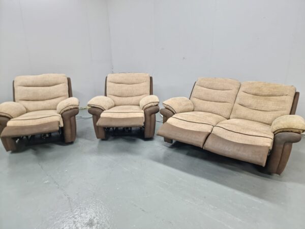 Scs Two-Tone Beige Fabric and Suede 3 Piece Suite Electric Recliner Sofa and Chairs - Image 4