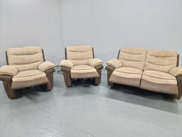 Scs Two-Tone Beige Fabric and Suede 3 Piece Suite Electric Recliner Sofa and Chairs - Image 5