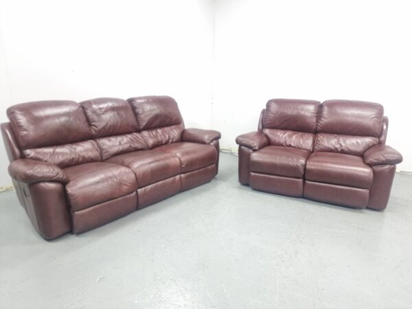 Lazyboy Oxblood Full Leather 3 and 2 Seater Manual Recliner Sofas - Image 2