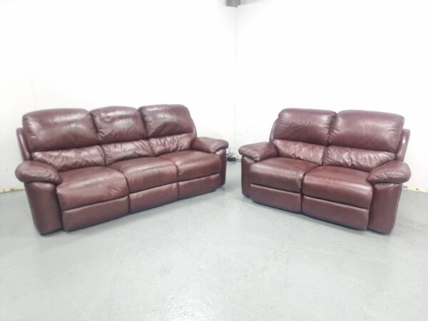 Lazyboy Oxblood Full Leather 3 and 2 Seater Manual Recliner Sofas