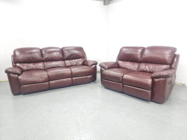 Lazyboy Oxblood Full Leather 3 and 2 Seater Manual Recliner Sofas - Image 3