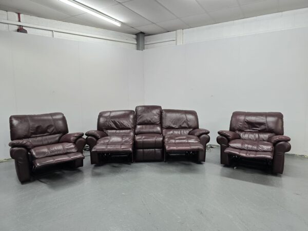 Oxblood Leather 3 Piece Suite Recliner Sofa and Chairs - Image 4