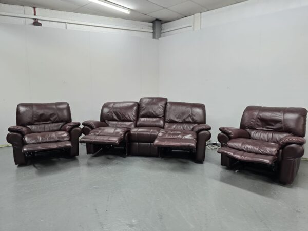 Oxblood Leather 3 Piece Suite Recliner Sofa and Chairs - Image 5