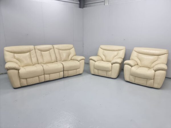 Full Leather Cream 3 Piece Suite Manual Recliner Sofa and Chairs