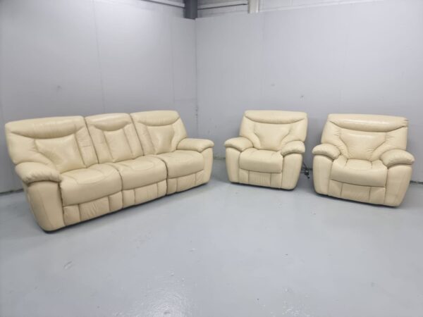Full Leather Cream 3 Piece Suite Manual Recliner Sofa and Chairs - Image 2