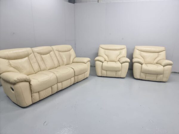 Full Leather Cream 3 Piece Suite Manual Recliner Sofa and Chairs - Image 3
