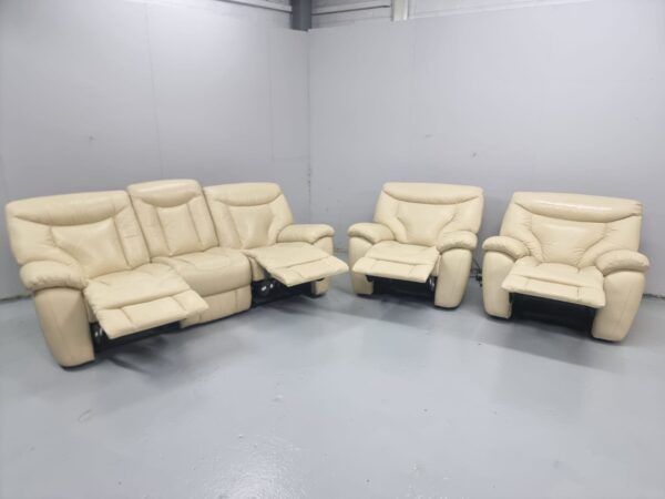 Full Leather Cream 3 Piece Suite Manual Recliner Sofa and Chairs - Image 6