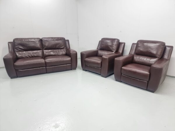 Furniture Village Full Leather 3 Piece Suite Manual Recliner Sofa and Chairs - Image 2