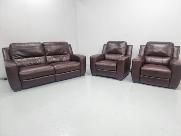 Furniture Village Full Leather 3 Piece Suite Manual Recliner Sofa and Chairs - Image 3