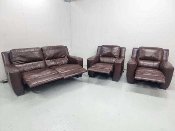 Furniture Village Full Leather 3 Piece Suite Manual Recliner Sofa and Chairs - Image 5