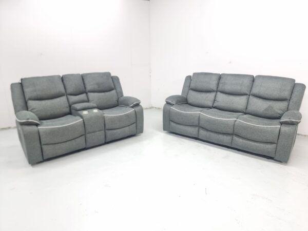 Brand New Harald Grey Fabric 3 and 2 Seater Electric Recliner Sofas with Cup Holders