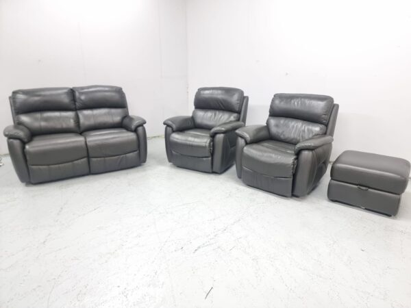 Ex Display Dfs Full Leather Slate Grey 3 Piece Suite Recliner Sofa and Chairs with Footstool