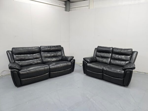 Black Leather 3 and 2 Seater Manual Recliner Sofas