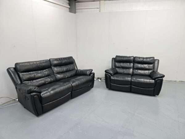 Black Leather 3 and 2 Seater Manual Recliner Sofas - Image 2