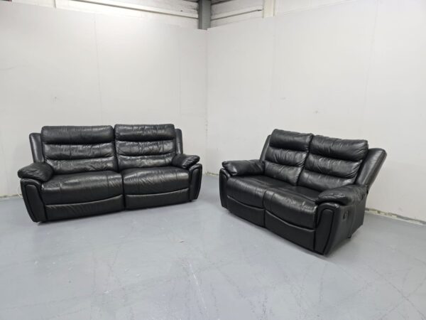 Black Leather 3 and 2 Seater Manual Recliner Sofas - Image 4