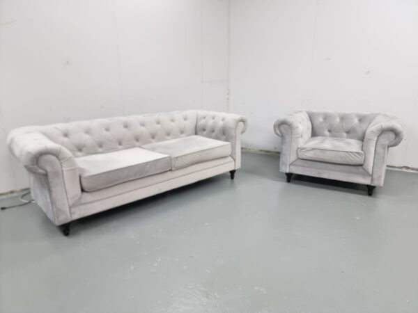 Dfs Chesterfield Grey Velvet 3 and 1 Seater Sofa and Chair - Image 2