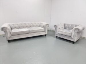Dfs Chesterfield Grey Velvet 3 and 1 Seater Sofa and Chair