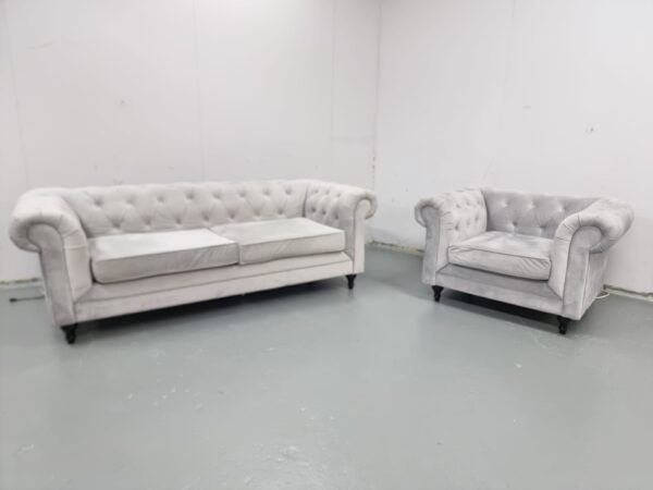 Dfs Chesterfield Grey Velvet 3 and 1 Seater Sofa and Chair - Image 3