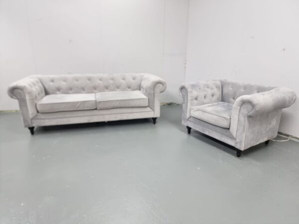 Dfs Chesterfield Grey Velvet 3 and 1 Seater Sofa and Chair - Image 4