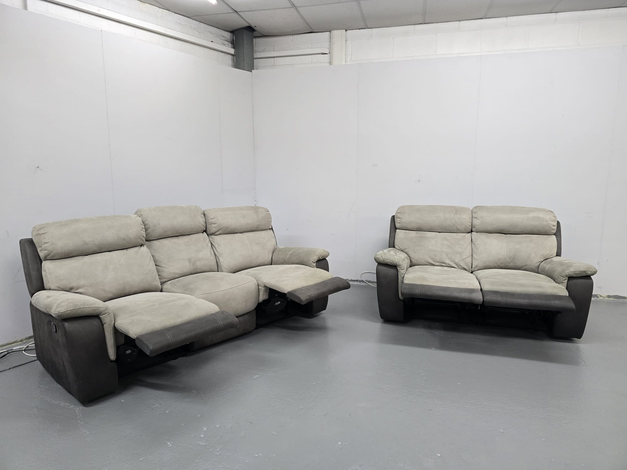 Dfs Two Tone Suede 3 and 2 Seater Manual Recliner Sofas