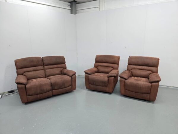 Brown Suede 3 Piece Suite Manual Recliner Sofa and Chairs