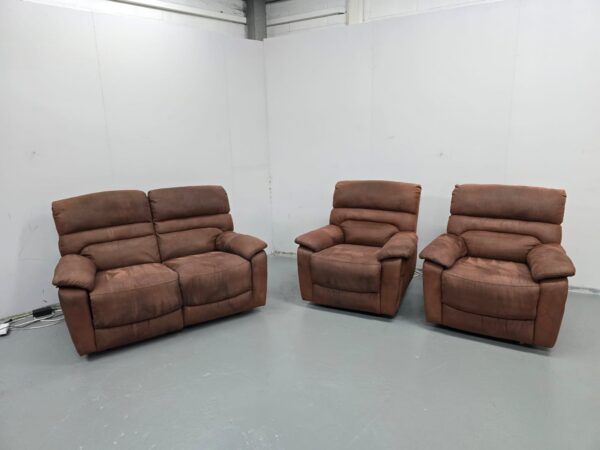 Brown Suede 3 Piece Suite Manual Recliner Sofa and Chairs - Image 2
