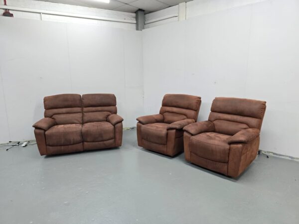 Brown Suede 3 Piece Suite Manual Recliner Sofa and Chairs - Image 3