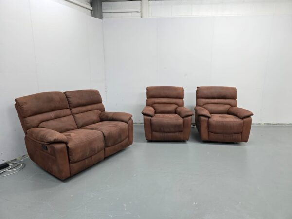 Brown Suede 3 Piece Suite Manual Recliner Sofa and Chairs - Image 4