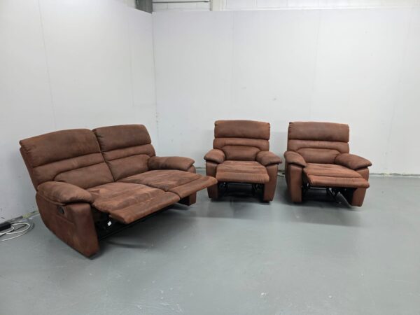 Brown Suede 3 Piece Suite Manual Recliner Sofa and Chairs - Image 5