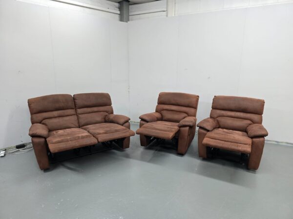Brown Suede 3 Piece Suite Manual Recliner Sofa and Chairs - Image 6