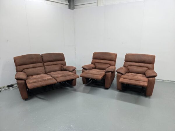 Brown Suede 3 Piece Suite Manual Recliner Sofa and Chairs - Image 7