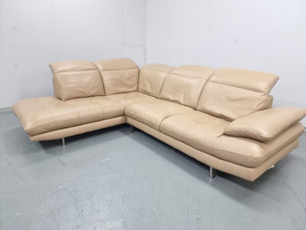 Sofology Beige Full Leather Corner Sofa with Adjustable Headrests - Image 2