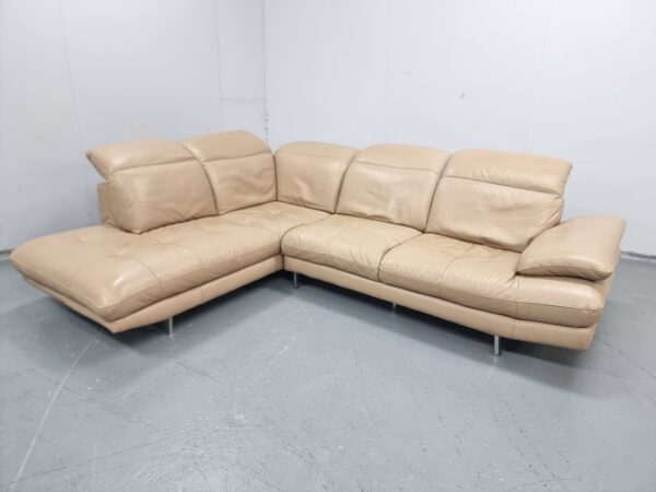 Sofology Beige Full Leather Corner Sofa with Adjustable Headrests