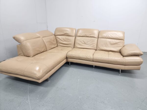 Sofology Beige Full Leather Corner Sofa with Adjustable Headrests - Image 3