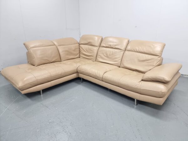 Sofology Beige Full Leather Corner Sofa with Adjustable Headrests - Image 5